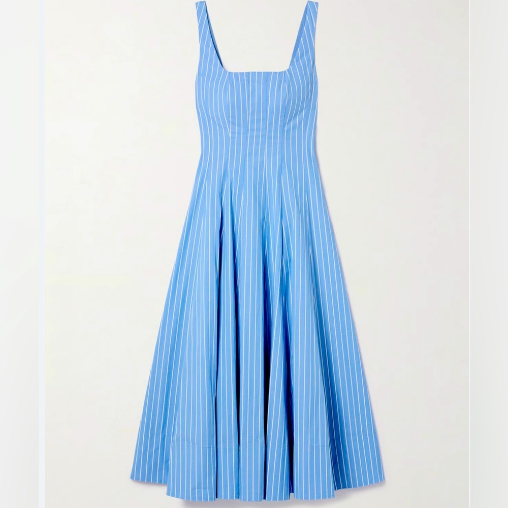STAUD Wells Light Blue Striped Midi Dress Size 4